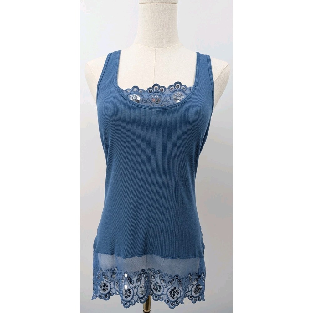 Y2K Licorice Blue Ribbed Embroidered Lace Tank Size XL Cotton Boho Layers